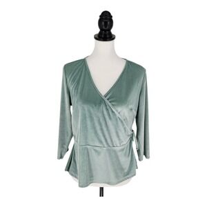 Spartina 449 Velvet Wrap Top Sage Green V-Neck 3/4 Sleeve Peplum Blouse Medium